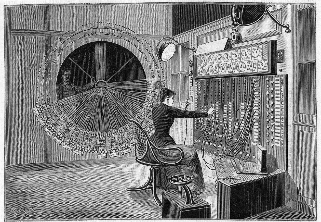 Escritório Central do Theatrophone (audições de home theater) em Paris, em 1892. de French School