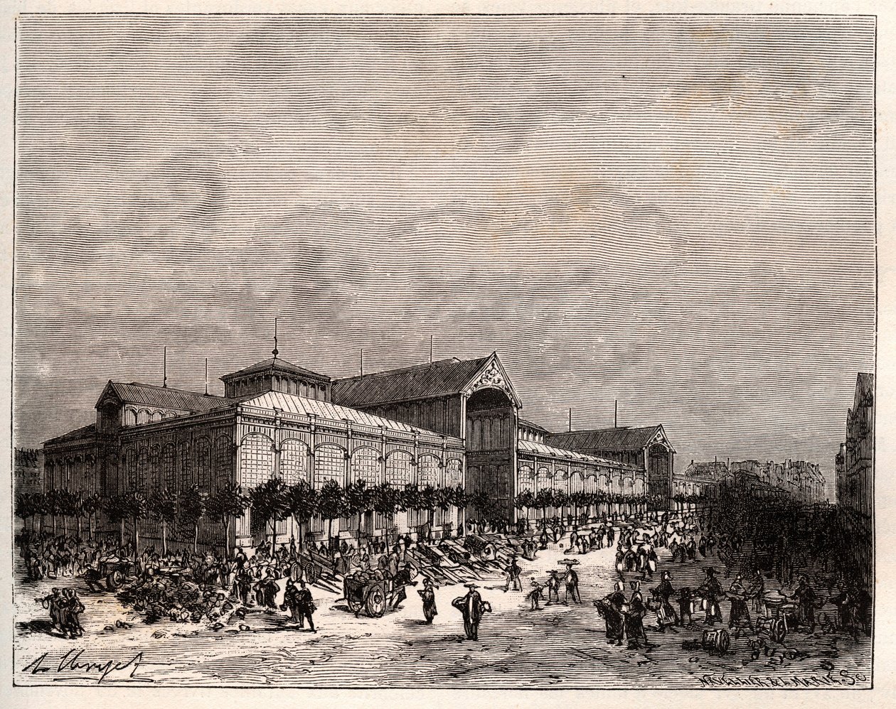 Halles centrais em Paris no século XIX - gravura em "La France illustree: geographie, histoire, administration statistique" de V.A. Malt-Brown. 1884 de French School