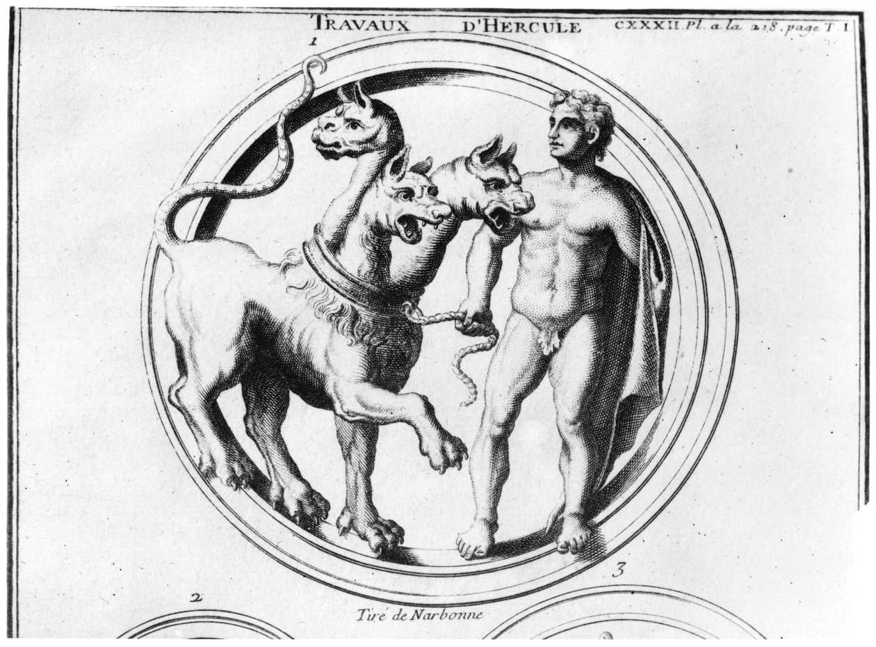 Cerberus domesticado por Hercules de French School
