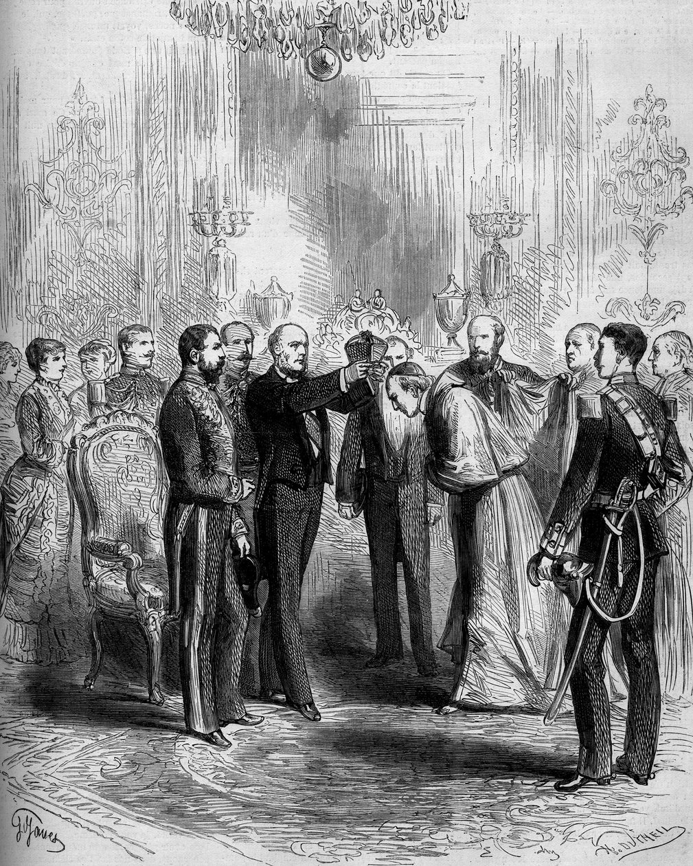 Cerimónia para a apresentação da insígnia do cardinalato: Pier Francesco Meglia (1810-1883) recebeu o casaco vermelho do cardeal, enquanto Jules Grevy (1807-1891) colocou a cardealice barette na sua cabeça. Paris, Palais de l