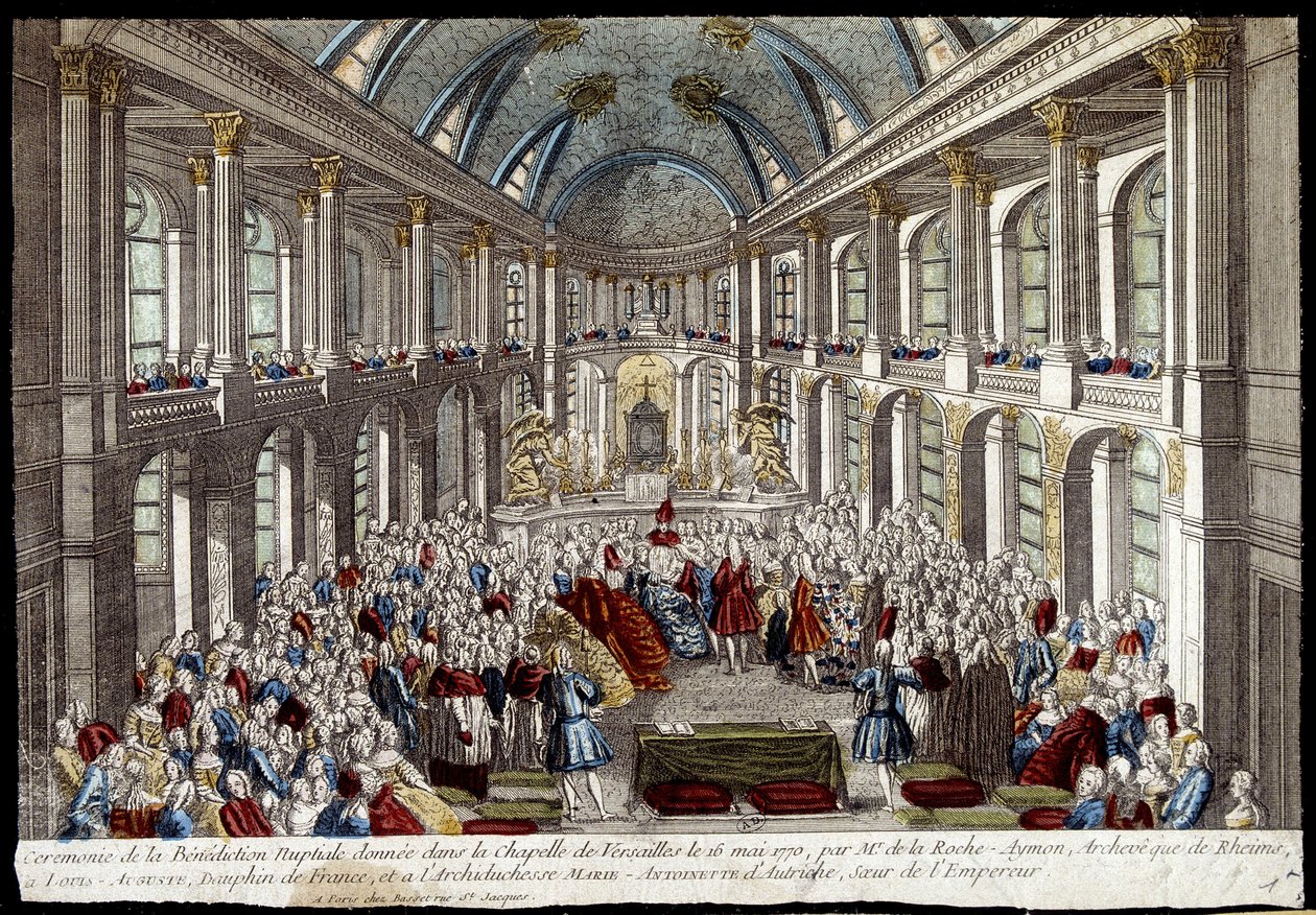 Cerimónia da bênção nupcial dada na capela de Versalhes em 16 de Maio de 1770 por Louis Auguste, golfinho de França (Luís XVI), e Maria Antonieta da Áustria - gravura de French School