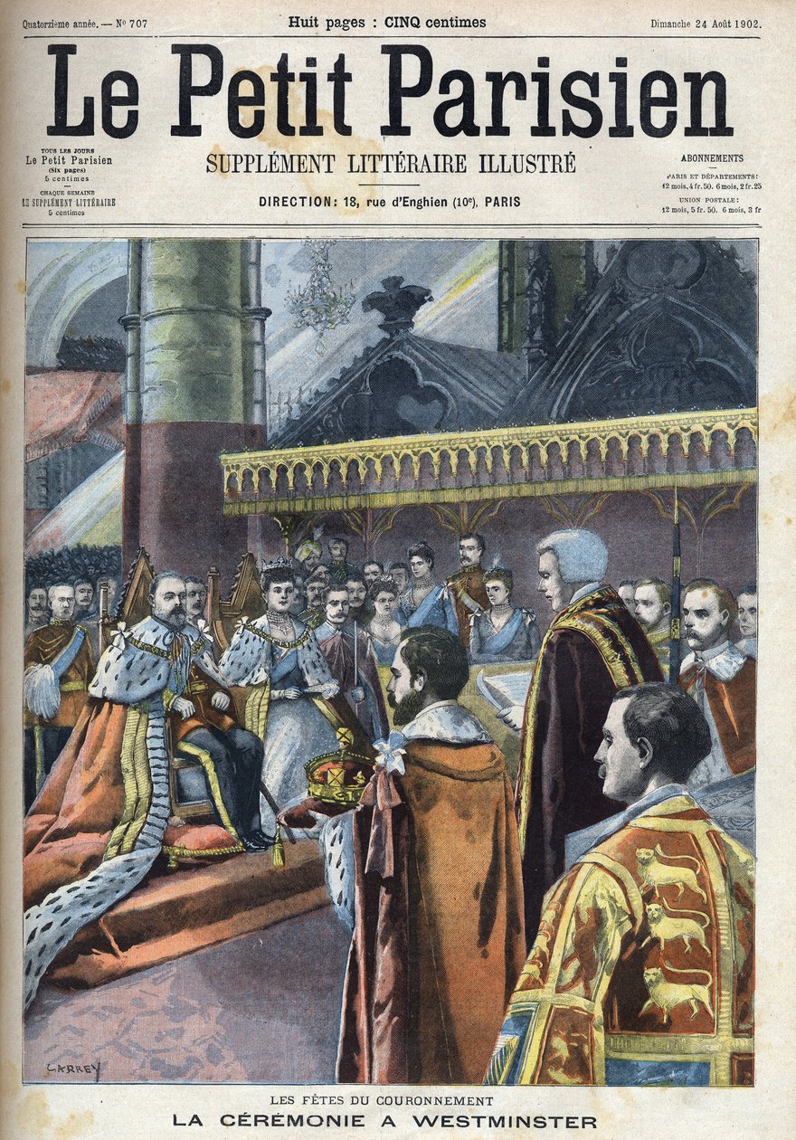 Cerimónia da coroação em Westminster: Rei Eduardo VII (1841-1910) e Alexandra da Dinamarca (1844-1925), em "Le petit Parisien". de French School