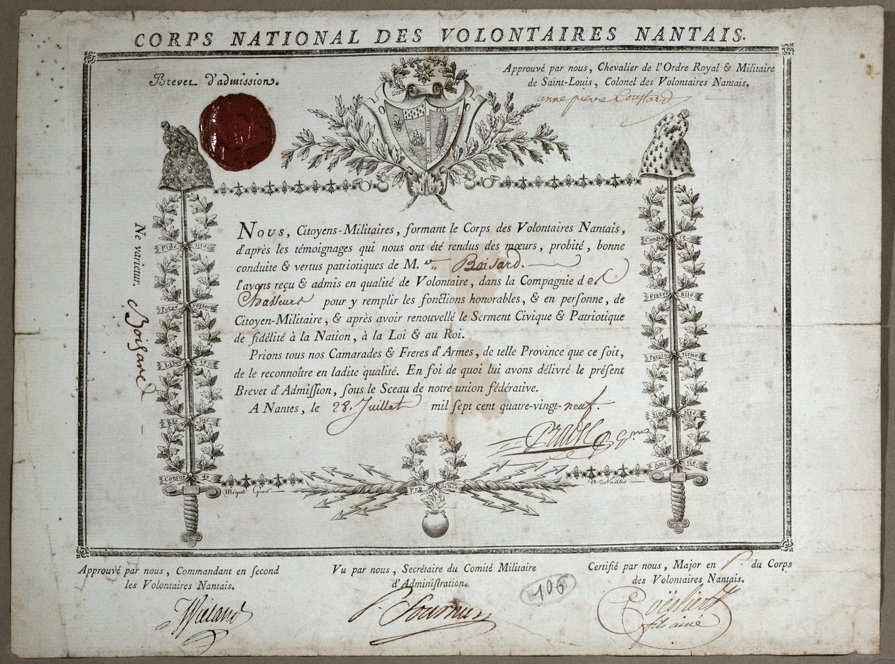 Certificado de Admissão à Guarda Nacional de Voluntários de Nantes, 1789 de French School
