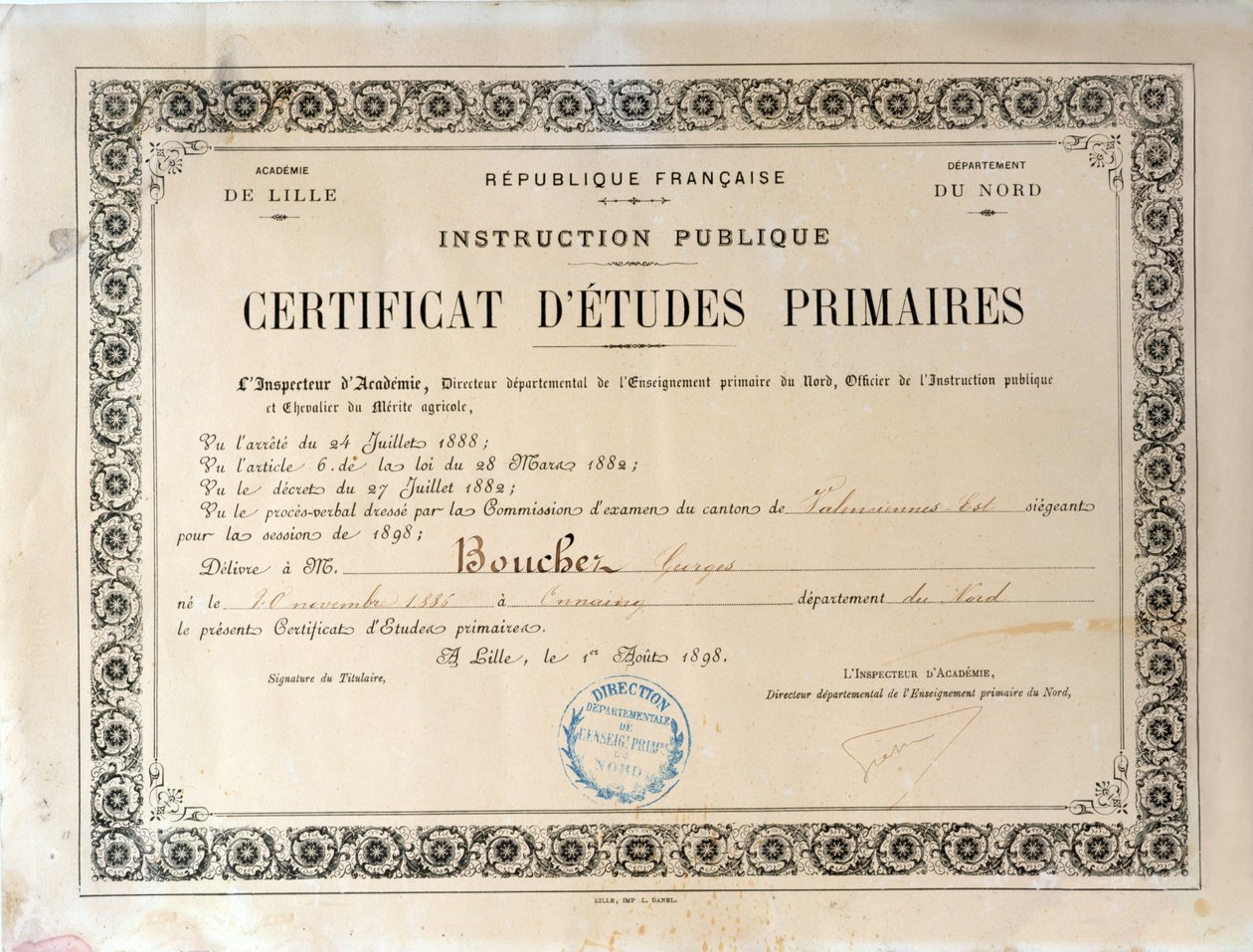 Certificado de Educação Primária, Academie de Lille, 1898 (tinta no papel) de French School