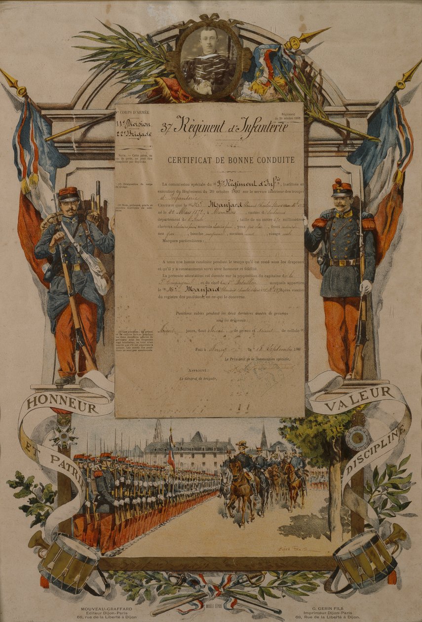 Certificado de bom comportamento, 37º Regimento de Infantaria, 1896 de French School