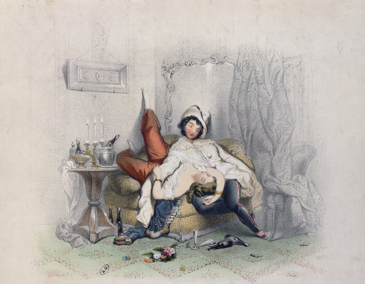 Champagne & Love, um casal amoroso adormecido após a sexta garrafa de champanhe, gravada por Bettannier Freres, Paris, 1852 de French School