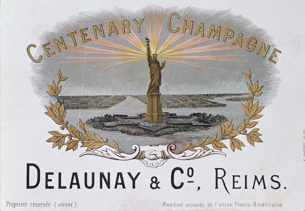 Rótulo de champanhe da casa de Delaunay & Co. celebrando o centenário da Independência americana e representando a Estátua da Liberdade, c.1876 de French School