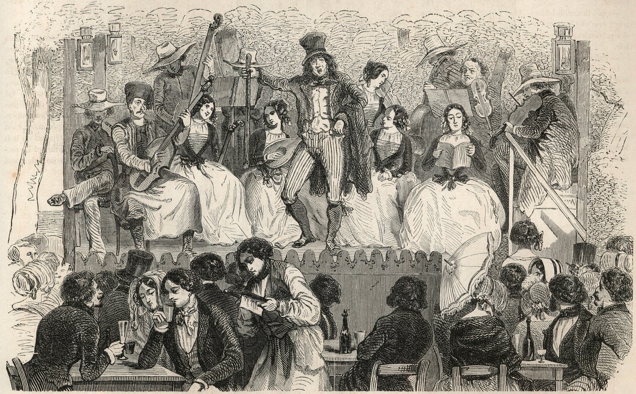 Champs-Elysees (Champs Elysees) - Cantores em frente ao café Morel - Gravação em "Tableau-de-Paris" de Edmond Texier 1852 de French School