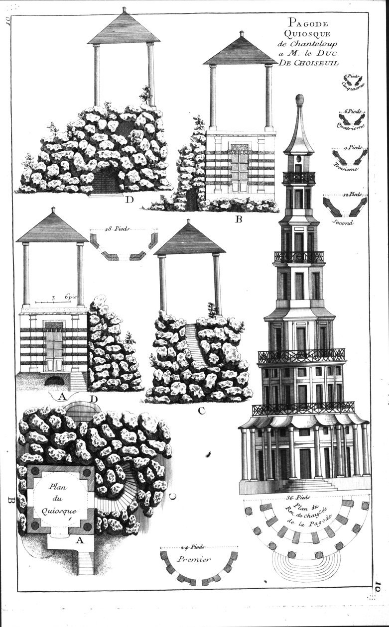 Pagode de Chanteloup, dos detalhes dos jardins novos à forma por George Louis o vermelho, publicado c.1770-87 de French School