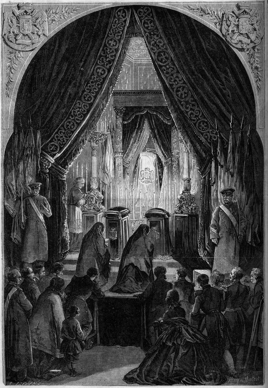 Capela funerária durante o funeral do Conde Philippe Antoine Ornano (1784-1863), Marechal do Império. Paris, Inválidos de French School