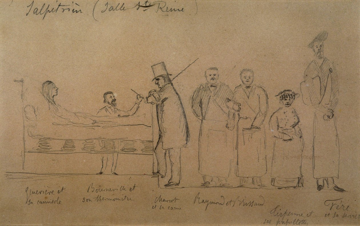 Charcot desenhado por um dos seus alunos. Da esquerda para a direita: a paciente Genevieve em uma camisola, o Doutor Desejo Magloire Bourneville com um termômetro, Jean Martin Charcot, Raymond e Brissaud, Me Tirperme e Charles Fere. Salpetriere Hospi, Salp de French School
