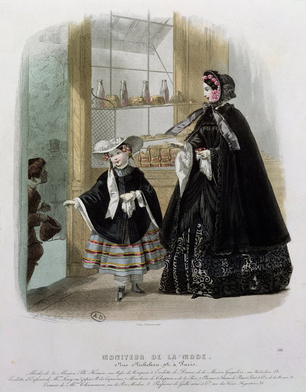 Caridade em uma pastelaria, ilustração de Moniteur de la Mode, 1852 (gravura de cor) de French School