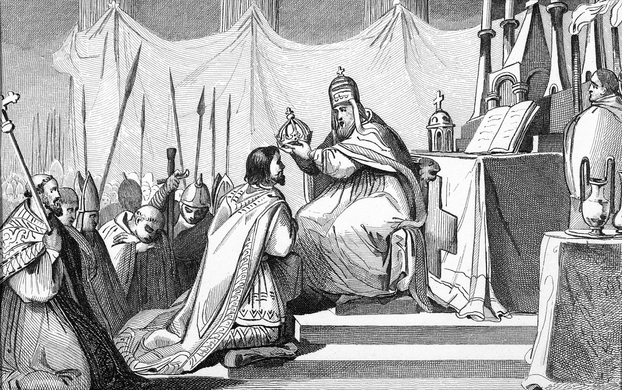 Carlos Magno (742-814) Coroado pelo Papa Leão III (c.750-816) na Roma de São Pedro, em 25 de dezembro de 800, de &39;Histoire de France&39; por Colart, publicado em 1840 de French School