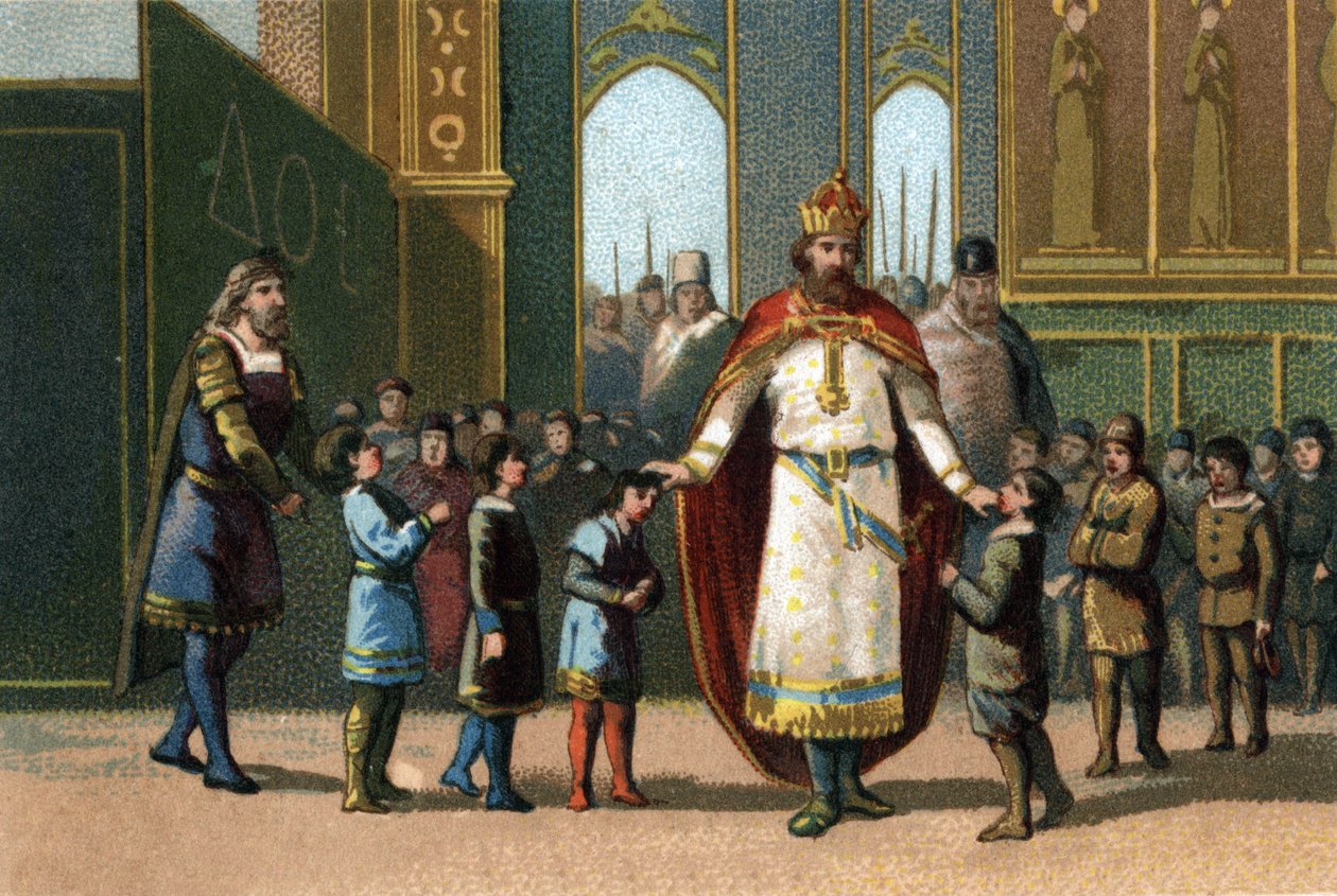 Carlos Magno, rei da França de 768 a 814, fundador da escola, supervisiona as aulas. Cromolitografia por volta de 1890. de French School