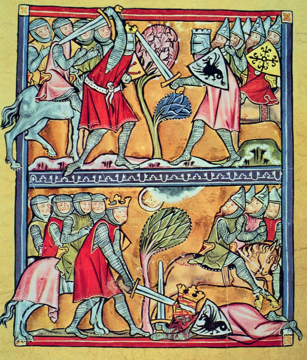 Carlos Magno e os seus paladinos em batalha contra os sarracenos, miniatura de "Carlos Magno e os seus paladinos" (vellum) de French School