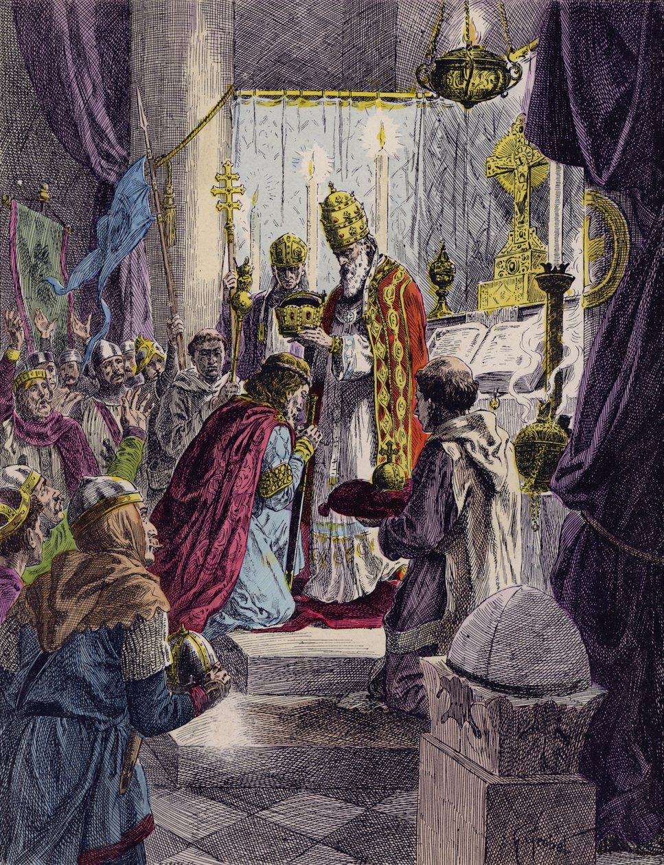 Carlos Magno coroado Sacro Imperador Romano pelo Papa Leão III, Roma, 800 (litografia a cores) de French School