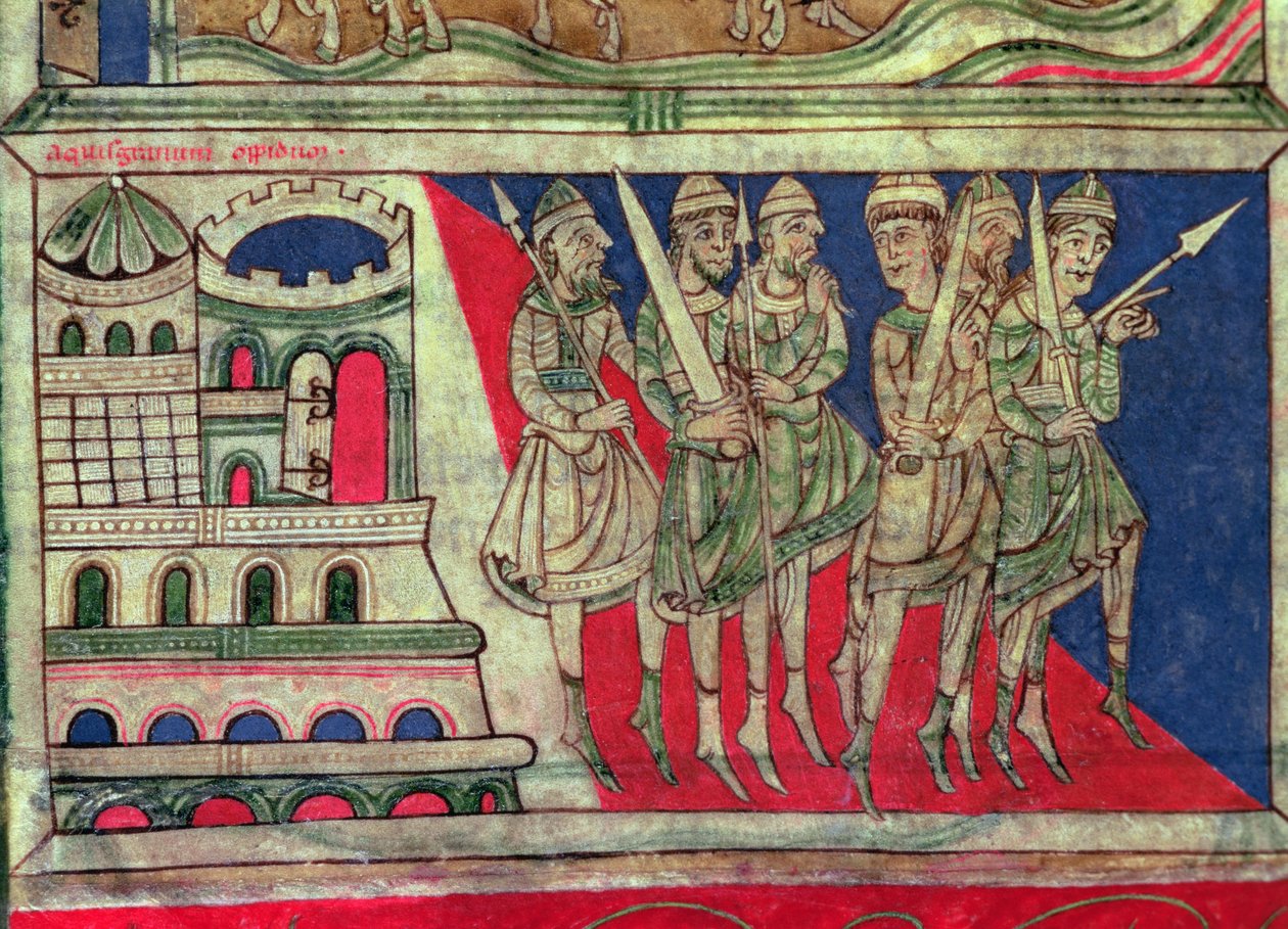 Carlos Magno saindo de Aachen para viajar a Santiago de Compostela, miniatura do 