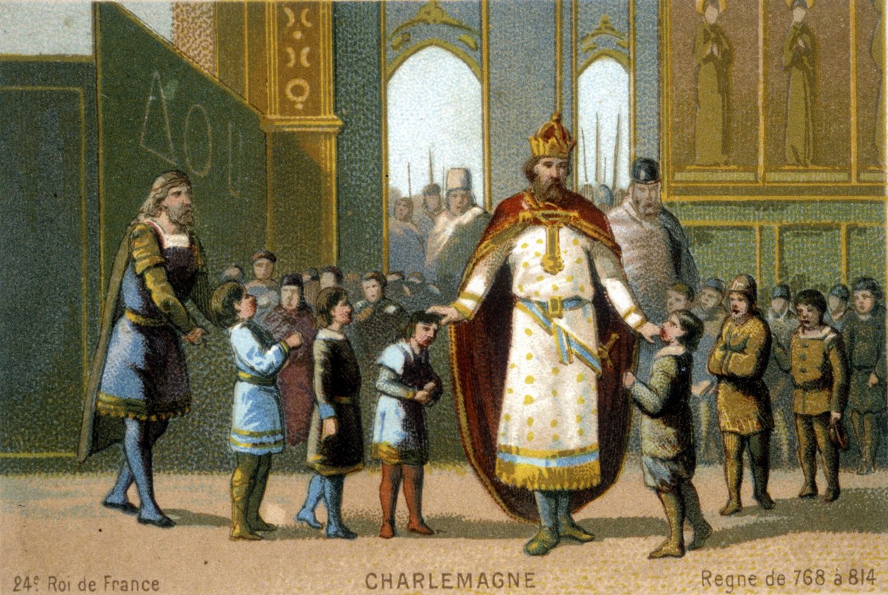 Charlemagne visita uma escola - cromolitografia do século XIX. de French School