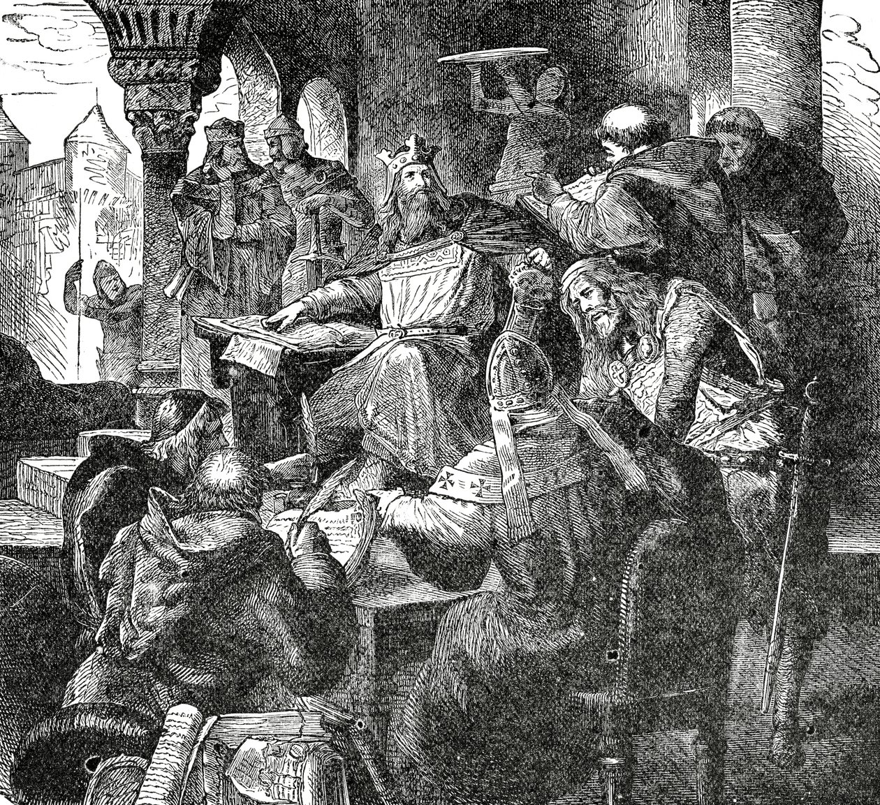 Carlos Magno com alunos e professores da Escola do Palácio em Aachen, c.1890 de French School