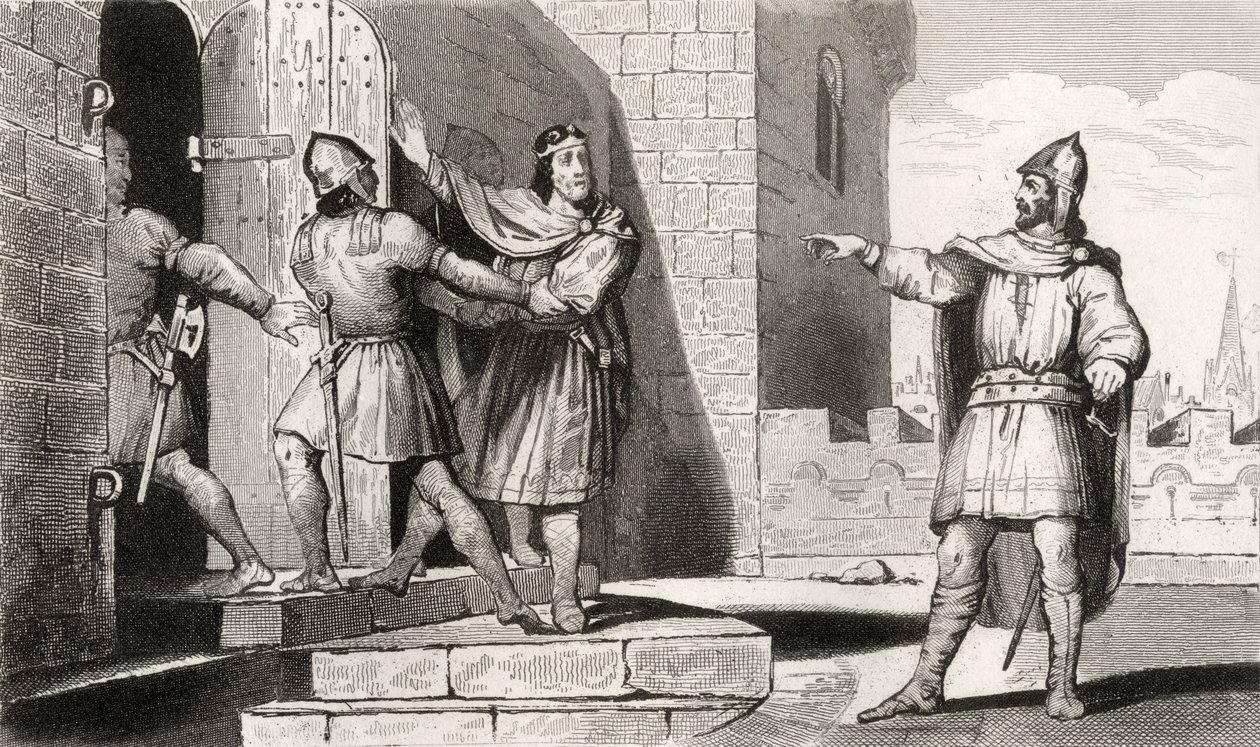 Charles III (879-929) o simples feito prisioneiro por um de seus soldados, de &39;Histoire de France&39; por Colart, publicado c.1840 de French School