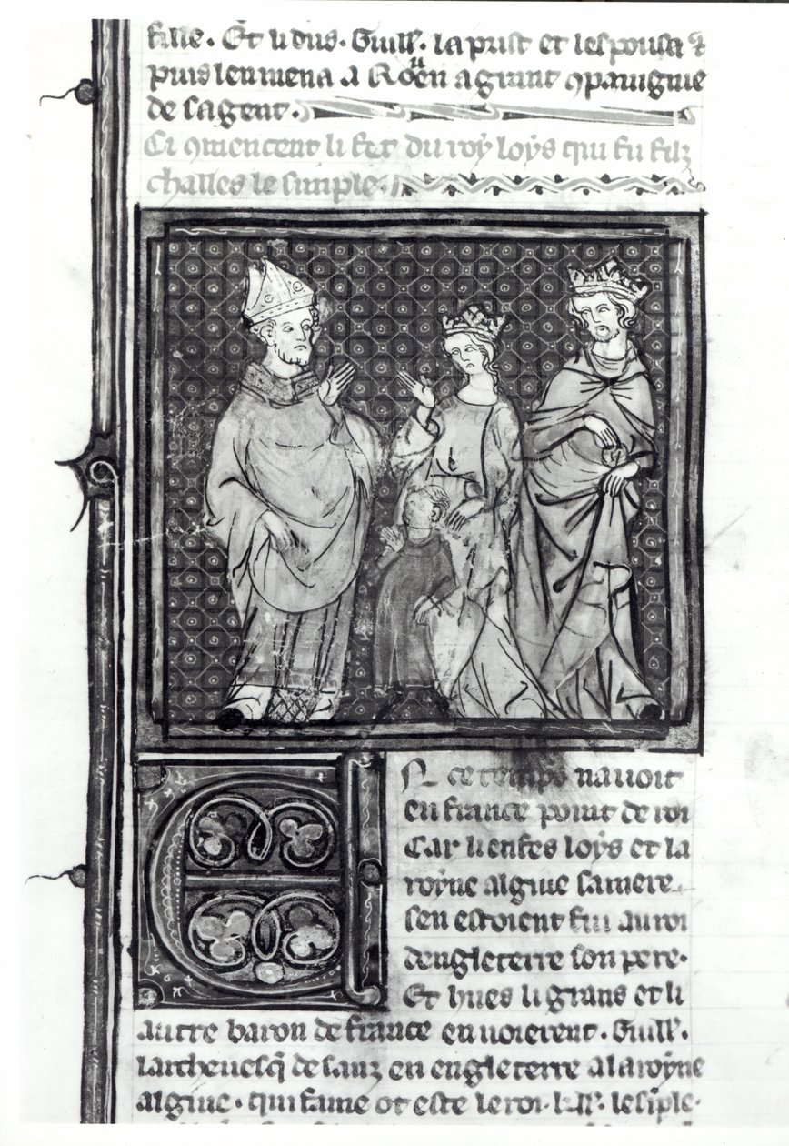 Charles III (879-929) o simples com sua esposa e seu filho, Louis IV (921-954), Grandes Chroniques de France, 1375-79 de French School