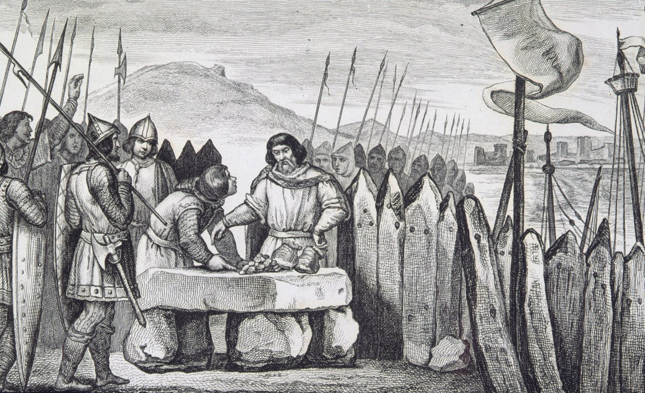 Carlos III o Gordo (839-88) compensa os invasores vikings em 886, de &39;Histoire de France&39; por Colart, publicado em 1840 (gravura) de French School