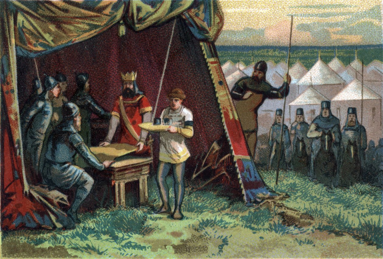 Charles II disse que Le Bald comprou a paz pelo preço da prata. A cromolitografia por volta de 1890. de French School