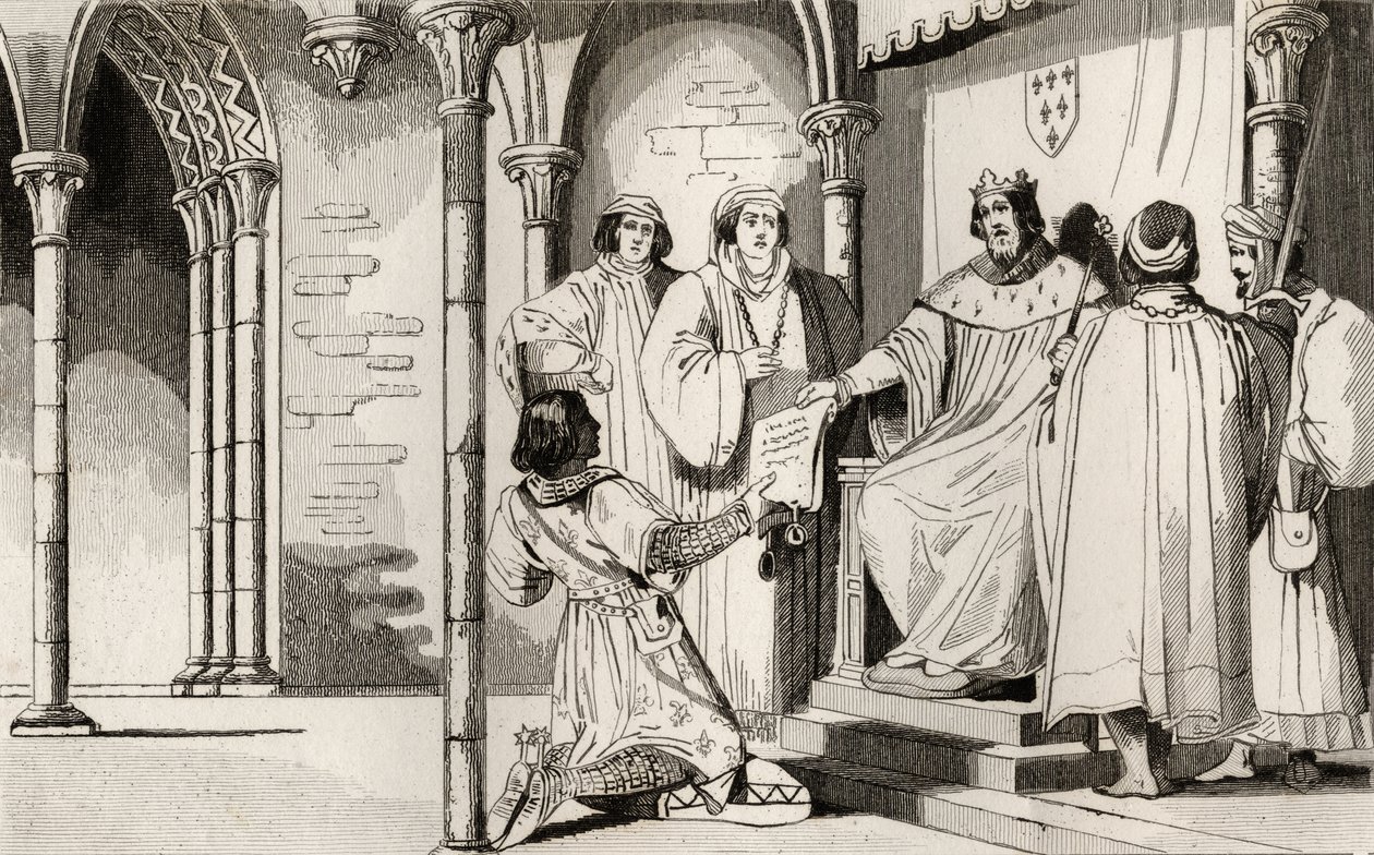 Carlos IV (1294-1328), o Belo recebe um pedido na corte, de &39;History of France&39; por Colart, publicado em 1840 (gravura) de French School