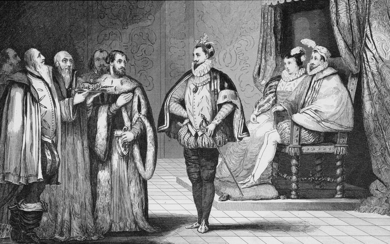Carlos IX (1550-1574) é informado pela Dieta que seu irmão Henri d&39;Anjou (1553-1610) foi eleito rei da Polônia, de &39;Histoire de France&39; por Colart, publicado em 1840. de French School