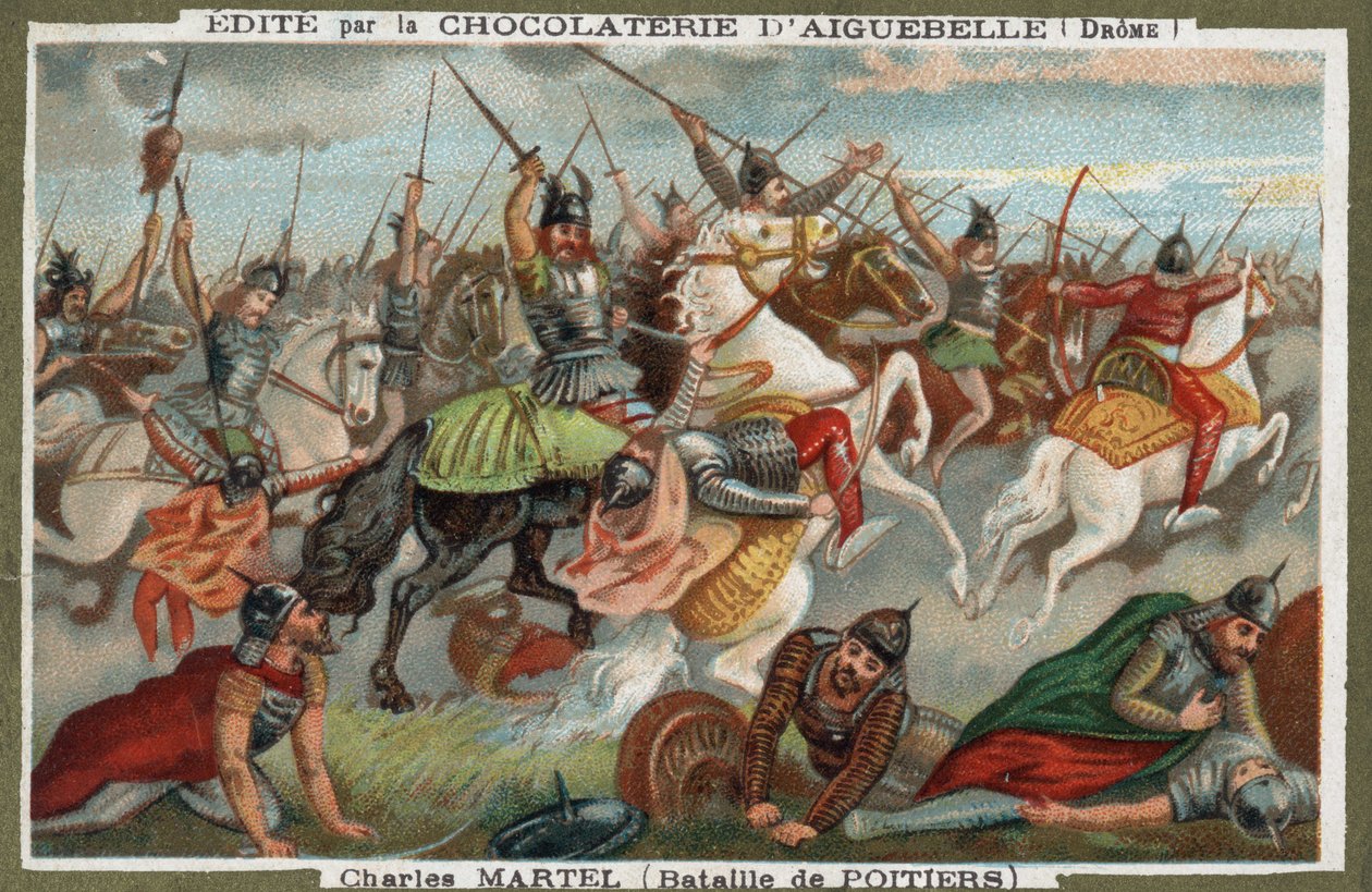 Charles Martel prendeu muçulmanos na Batalha de Poitiers em 732. Cromolitografia do século XIX. de French School