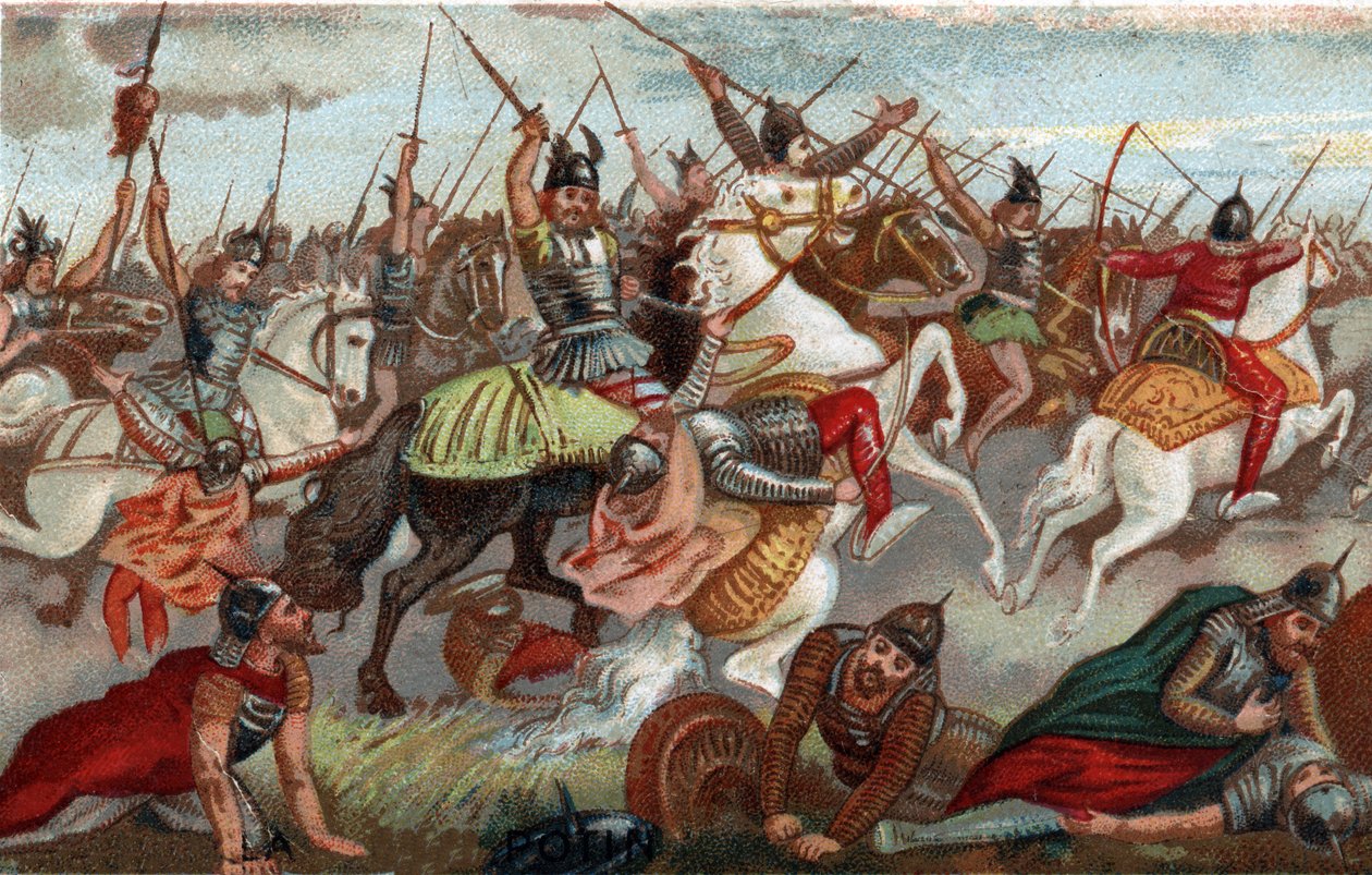 Charles Martel prendendo os muçulmanos na Batalha de Poitiers em 732. Cromolitografia do século XIX. de French School