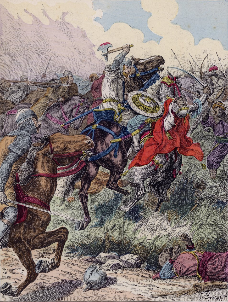 Carlos Martel na batalha de Poitiers, 732 (litografia a cores) de French School