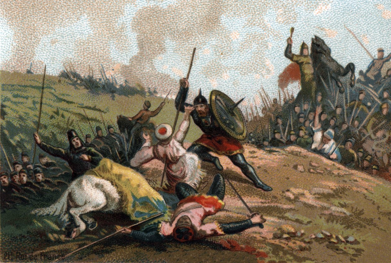Charles Martel impediu a invasão e matou o líder da Armee de Abd al-Rahman I ou Abderamane I (Abd al-Rahman) (731-788), líder dos sarracenos. Cromolitografia por volta de 1890. de French School