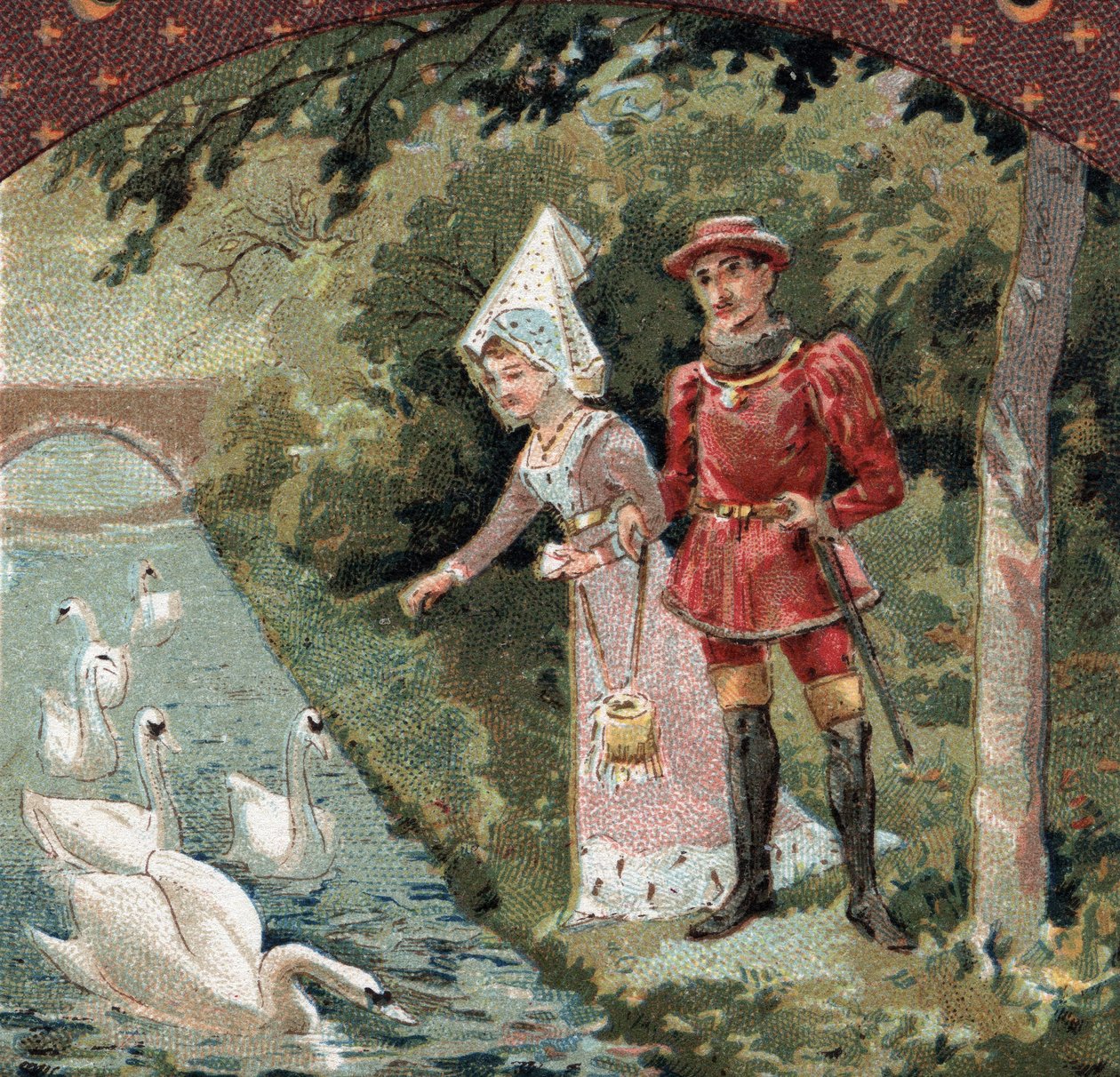 Carlos VII (1403-1461) com sua preferida, Agnes Sorel (conhecida como a Senhora de Beaute sur Marne (1422-1450) alimentando cisnes no parque do castelo de Savigny sur Orge (Savigny-sur-Orge). Cromolitografia do final do século XIX de French School