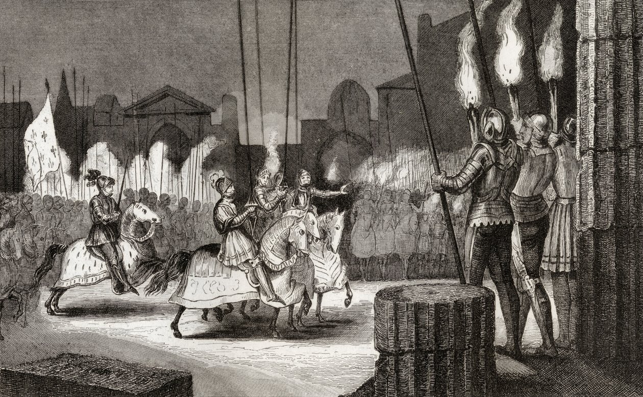 Carlos VII (1470-1498) entra em Roma em 1494 para ser declarado Imperador do Oriente, de "Histoire de France" por Colart, publicado em 1840. de French School