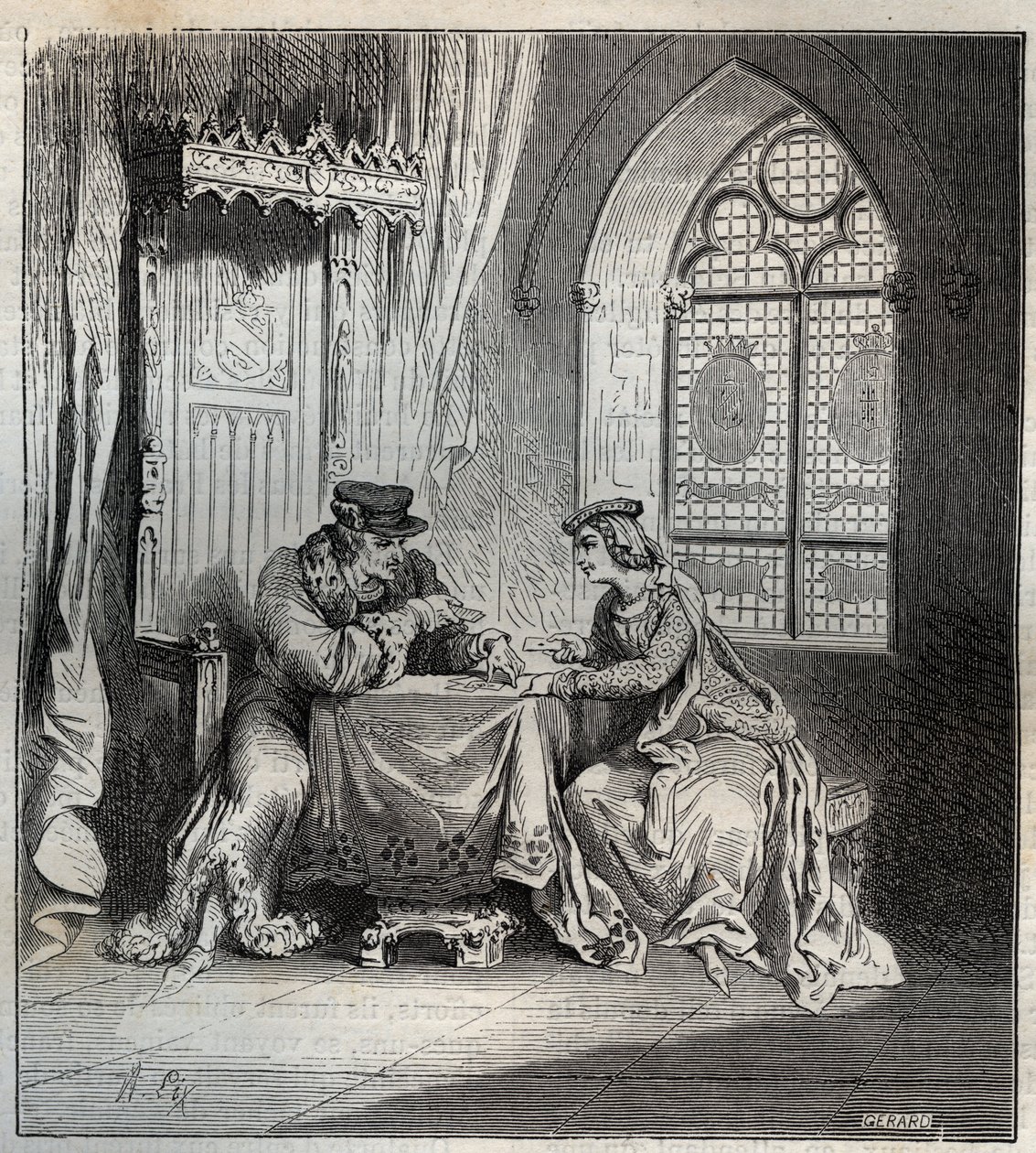 Carlos VI (1380-1422) e Odette de Champdivers - Rei Carlos VI da França, conhecido como Charles the Good Aime, depois Charles the Fol (1368-1422) com a sua amante Odinette (Odette) de Champdivers (cerca de 1390-around 1425) a jogar às cartas gravadas em "P de French School