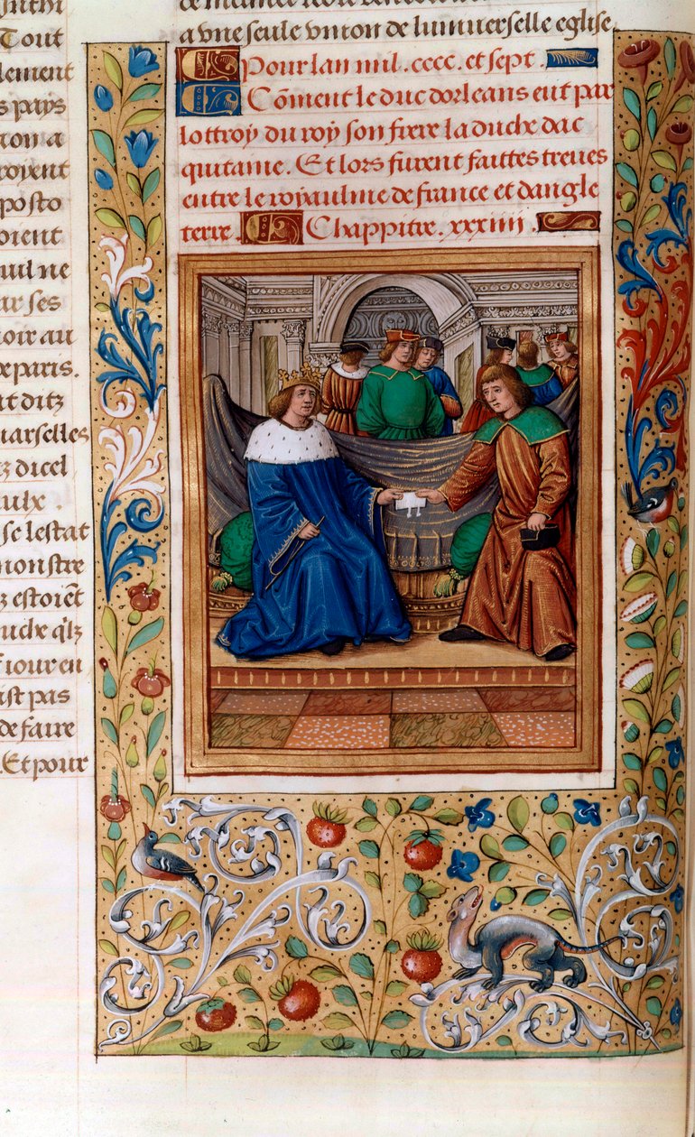 Carlos VI e Henrique V assinam o "Tratado de Troyes" em 1420, ilustração da "Chroniques de Monstrelet" de French School