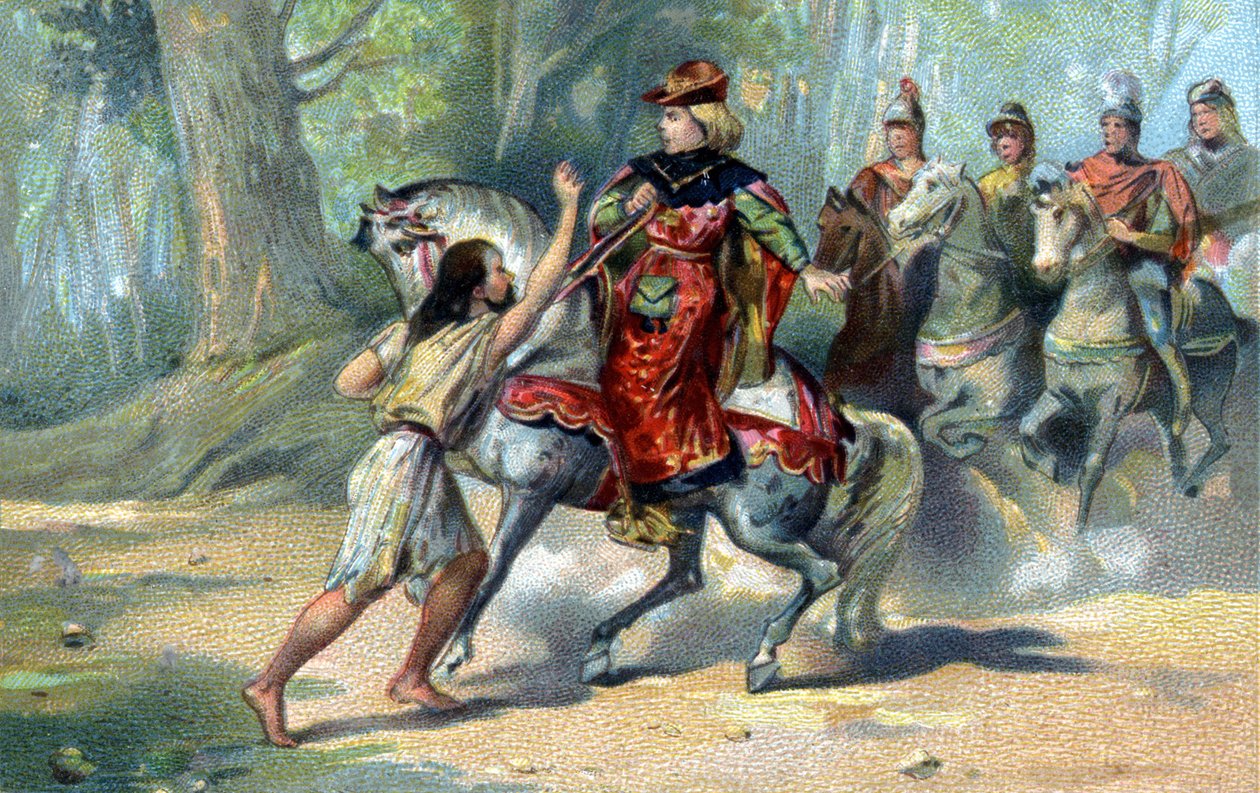 Carlos VI apanhado na loucura na floresta de Le Mans. cromolitografia do final do século XIX de French School