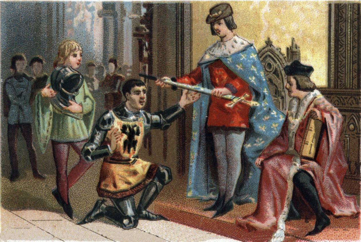 Charles V O sábio (1338-1380) entrega solenemente a lança do Connetable Bertrand du Guesclin (1320-1380). Cromolitografia por volta de 1890. de French School