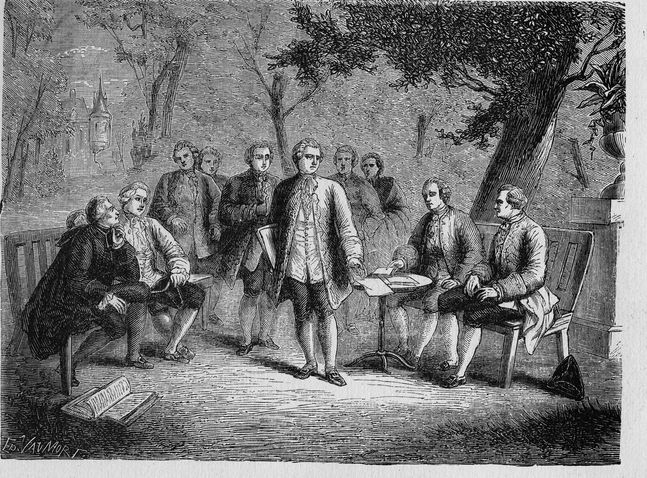 Charles de Secondat Montesquieu com o cenáculo científico do Castelo Clairac, França - O cenáculo científico do castelo de Clairac: Montesquieu e o barão de Secondat, filho, o Chevalier de Vivens, Romas e os irmãos Dutilh - - em “Album de la Scienc de French School