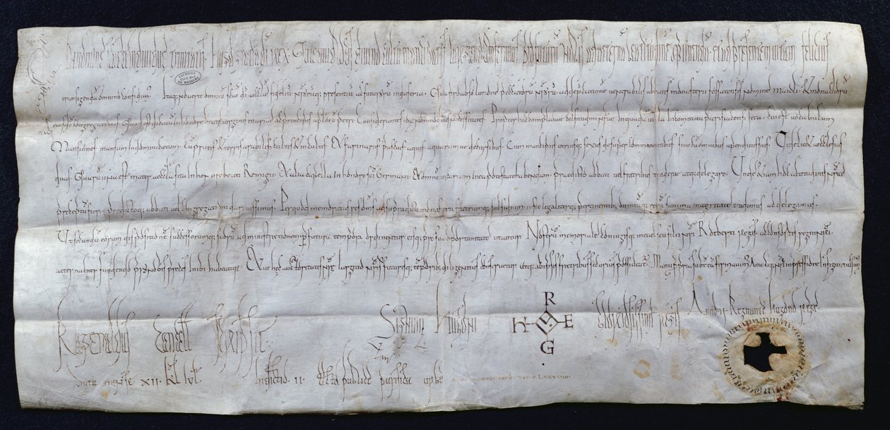 Carta assinada por Hugues I Capet (941-996), rei da França, 988 (caneta e tinta sobre papel) de French School