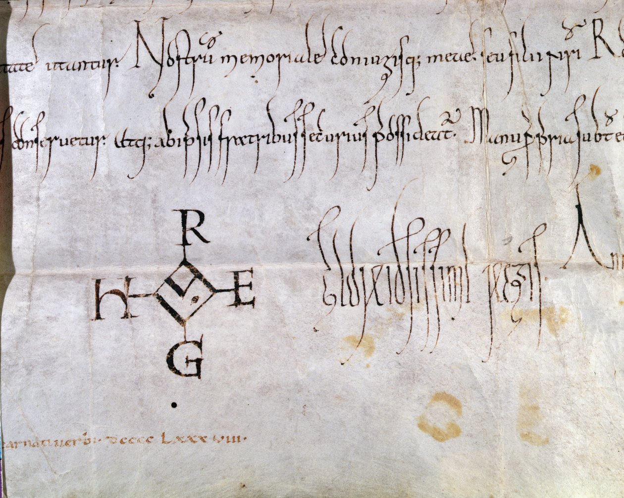 Carta assinada por Hugues I Capet (941-996), Rei de França, 988 (caneta e tinta sobre papel) (detalhe de 157461) de French School