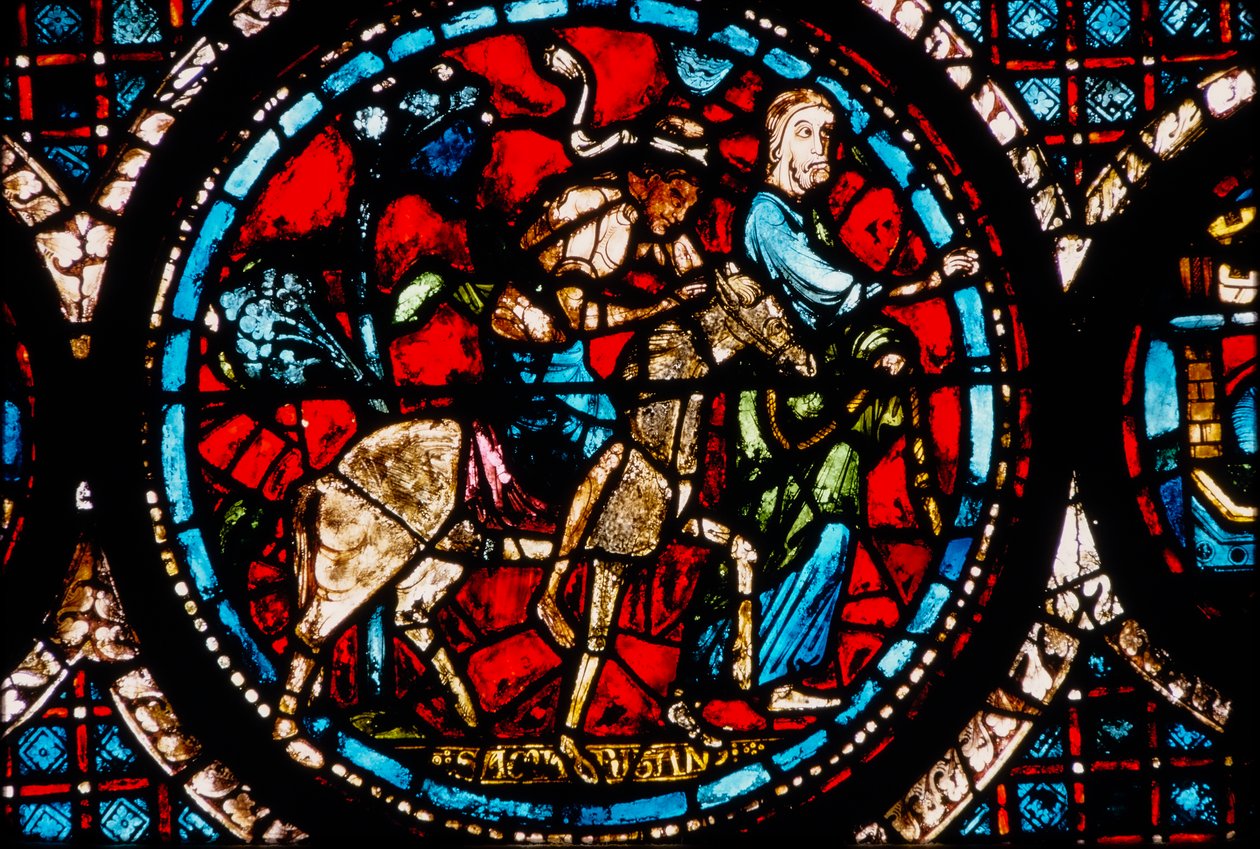 Catedral de Chartres, vitral representando o vitral circular do Bom Samaritano de French School