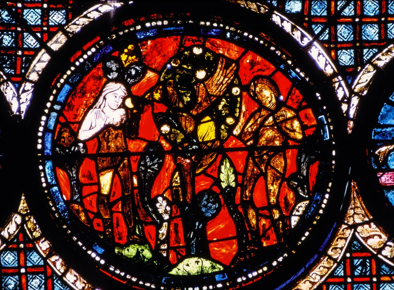Catedral de Chartres, vitral representando o Bom Samaritano circular Vitral (vitral) de French School