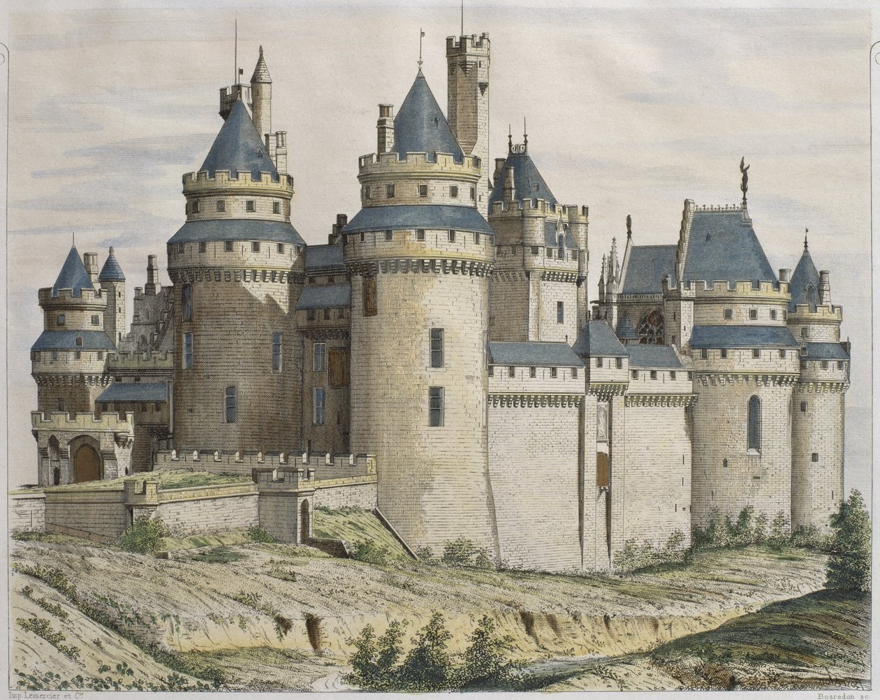 Castelo de Pierrefonds, ilustração do moniteur des arquitetos, gravada por Bosredon (gravura de cor) de French School