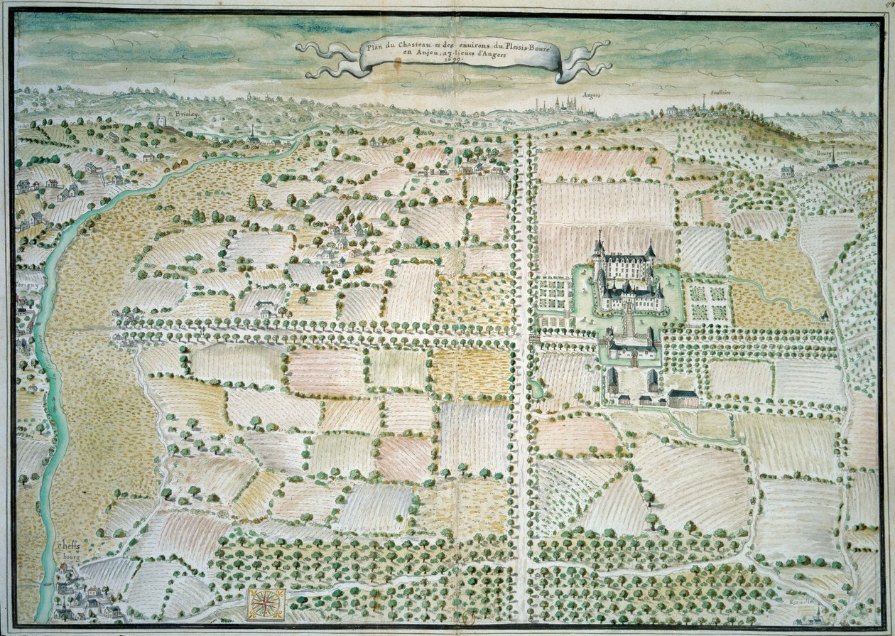 Chateaux de la Loire: "Vista do chateau de Plessis Bourre" Aguarela da escola francesa. 1699 Paris, B.N. de French School