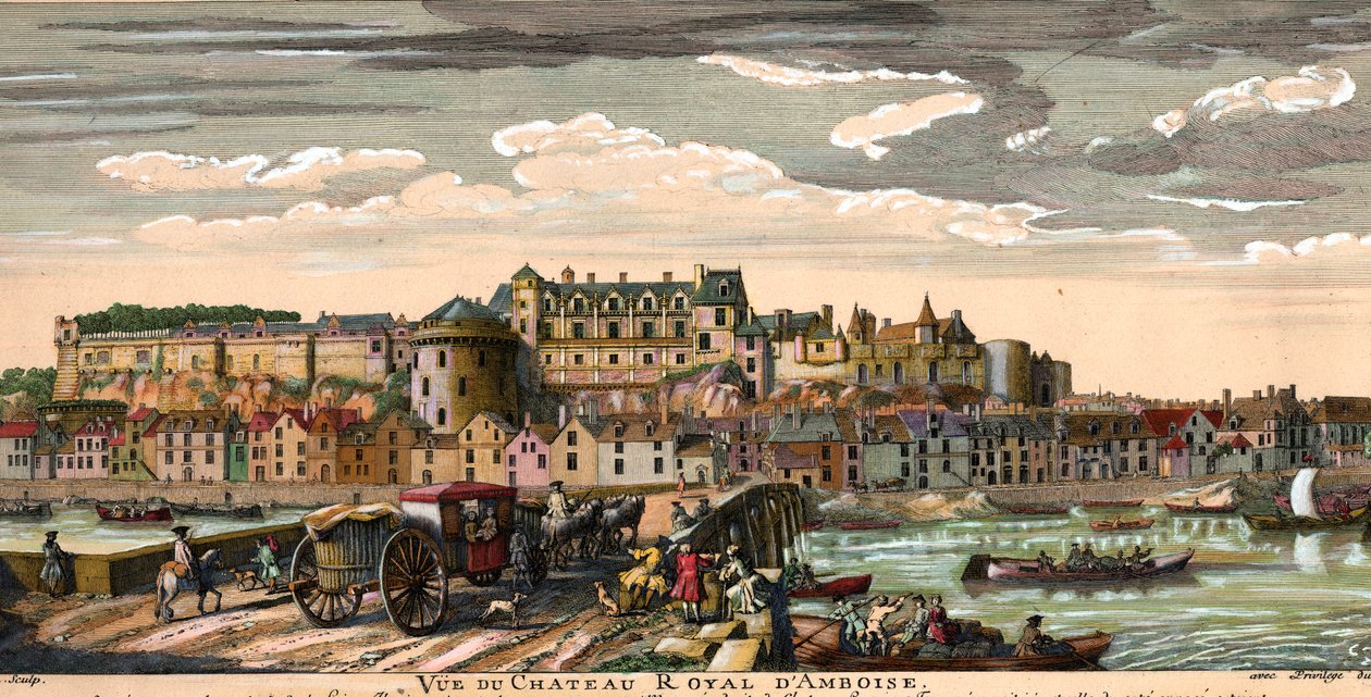 Chateaux de la Loire: vista do castelo de Amboise em Indre e Loire no século XVIII. Gravura da Época. Coleção particular de French School