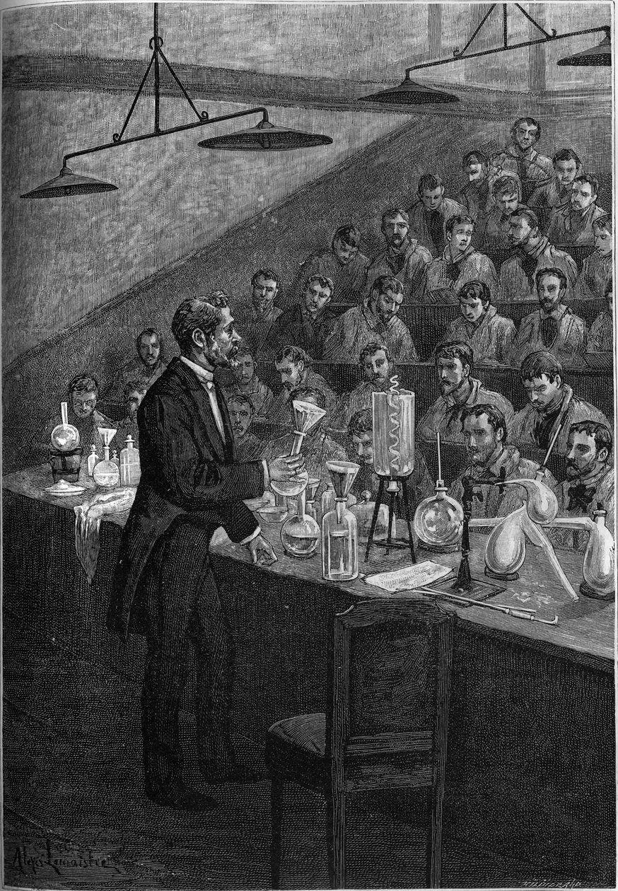 Aulas de Química na Ecole Centrale de Paris. Gravação em "le journal de la jeunesse "1887. de French School
