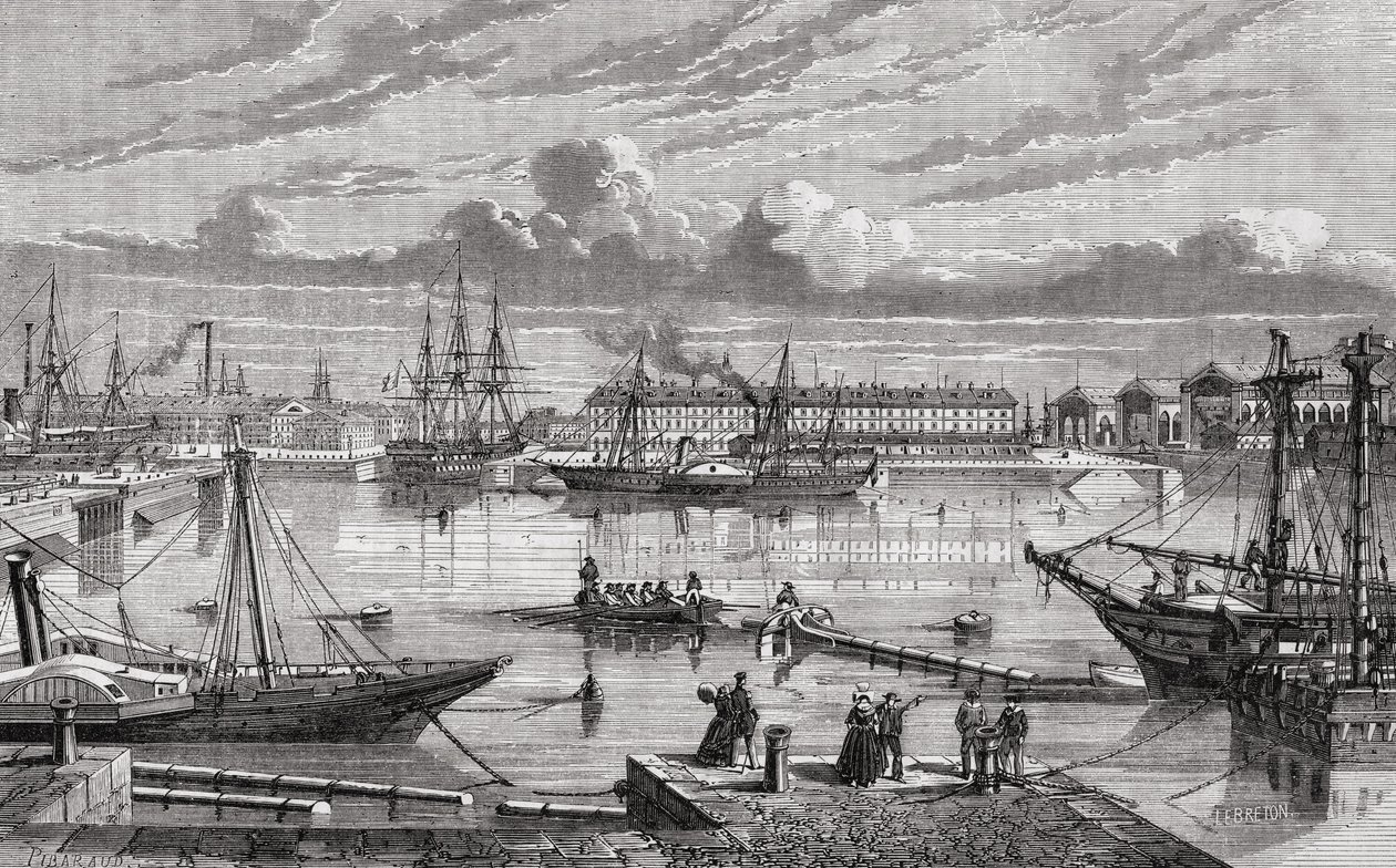 Cherbourg no século 18, gravado por Breton depois de Pibaraud, de "História da Revolução Francesa" por Louis Blanc (1811-82) de French School