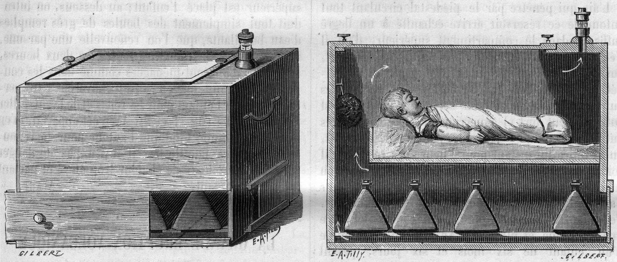 Incubadora de crianças pelo Dr. Alfred Auvard (1855-1940), segundo o aparelho utilizado na maternidade, à esquerda, vista exterior, à direita, vista interior. em "La Nature. Revue des sciences et de ses applications aux arts et à l